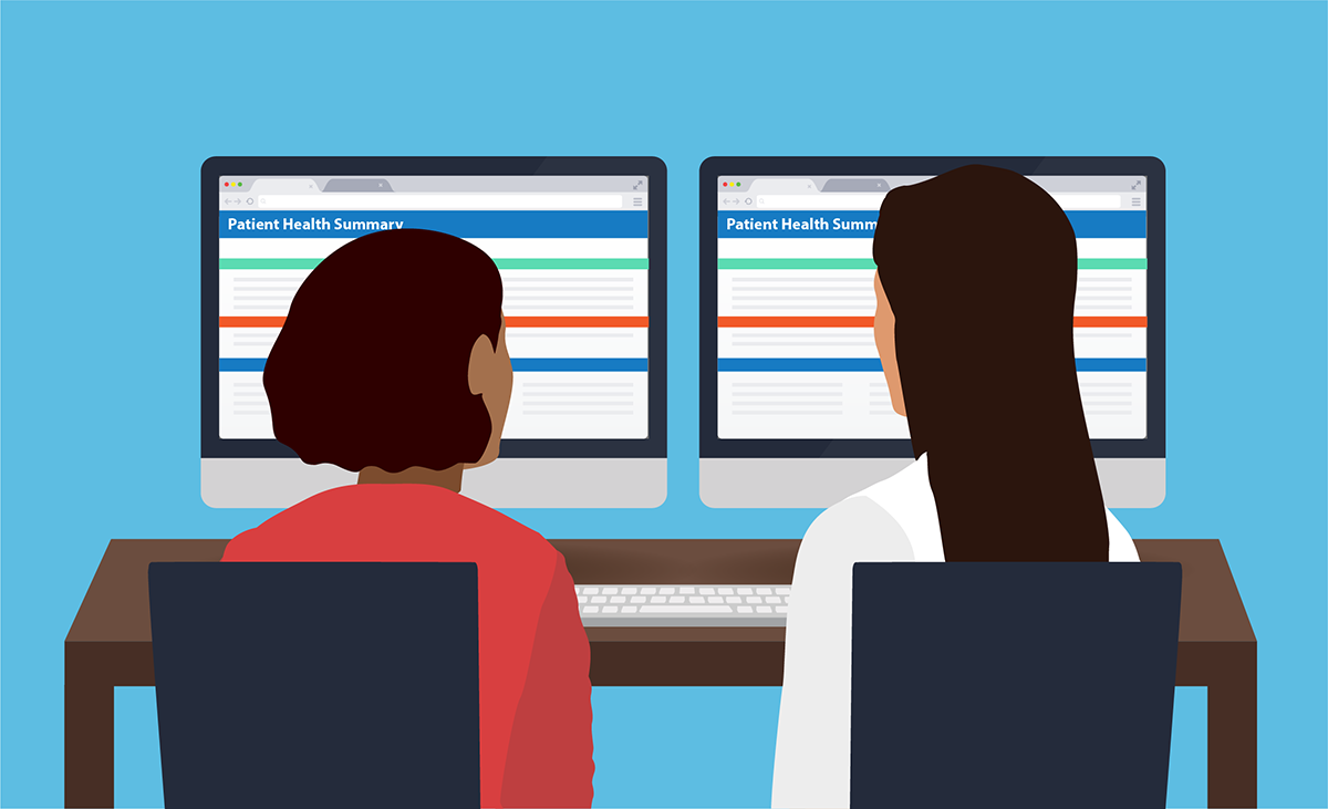 Image of a clinician and a patient looking at the patient’s electronic health record with a dual-screen setup during an appointment. The patient’s screen lets her see the same thing that the doctor sees.
