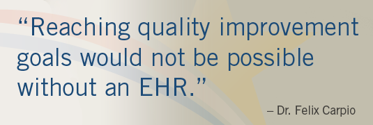 Image of quote; "'Reaching quality improvement goals would not be possible without an EHR.'-Dr. Felix Caprio"