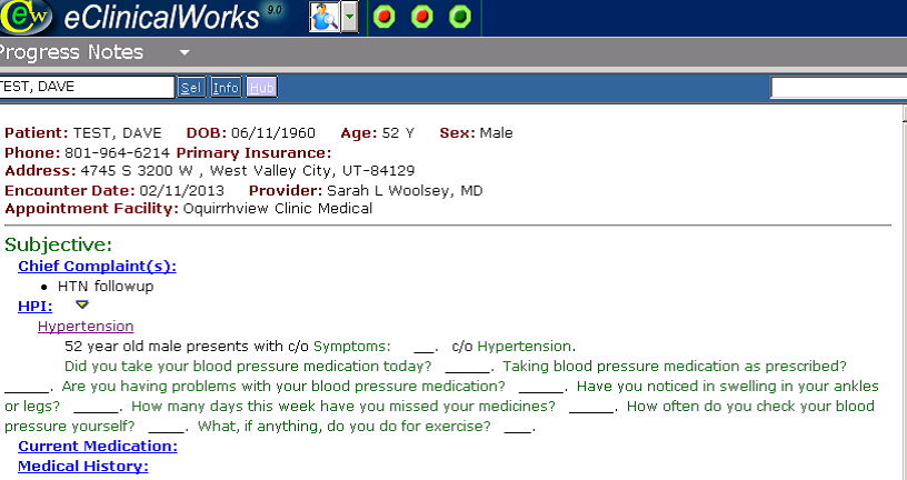 Screenshot showing part of template for documenting hypertension follow-up visit (used with permission from CHC, Inc. and eClinicalWorks)