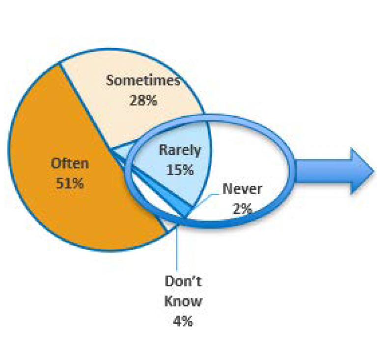 A pie chart with how frequent physicians use information from outside providers. 51% say often, 28% say sometimes, 15% say rarely, 2% say never, and 4% say they don't know. 
