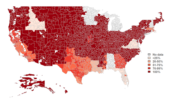 This figure displays a map of the US broken down by hospital service area (HSA). Each HSA is filled with a color representing the percentage of HIOs within that respective region that make laboratory results available to participating organizations, based on the data available from the 2023 National Survey of HIOs. The legend displays color coding for the following ranges of percents: no data, <25%, 26-50%, 51-75%, 76-99%, and 100%.