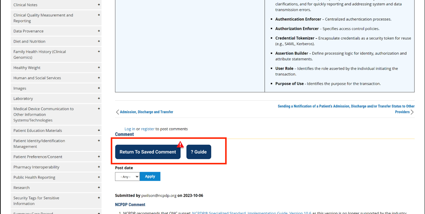 Return to saved Comment