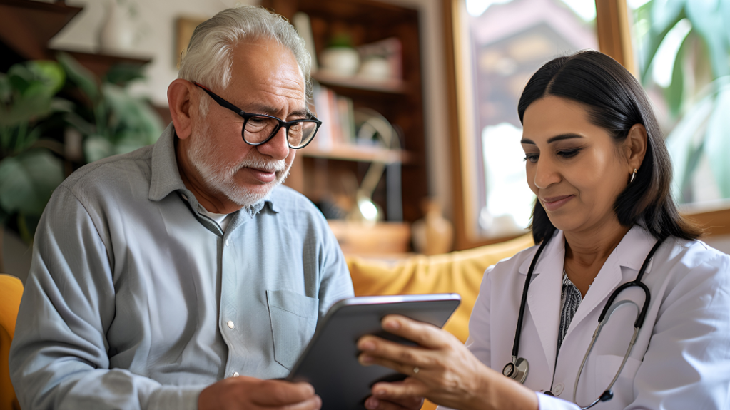 Clinician holding a tablet with a patient