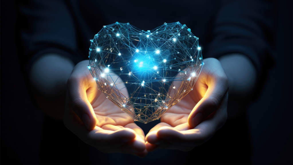 Digital wireframe render of interconnected data making up the shape of a heart being held in hands